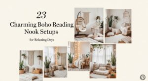 Generate a Pinterest-optimized, high-quality vertical Pin for '23 Charming Boho Reading Nook Setups for Relaxing Days'. Add elegant text at the top with stylish fonts on a clean background.. Keep aspect ratio 2:3, high-resolution, Pinterest-friendly, scroll-stopping.