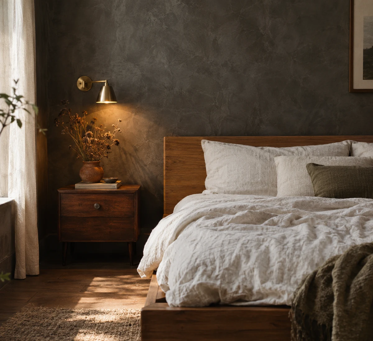 dark grey limewash bedroom